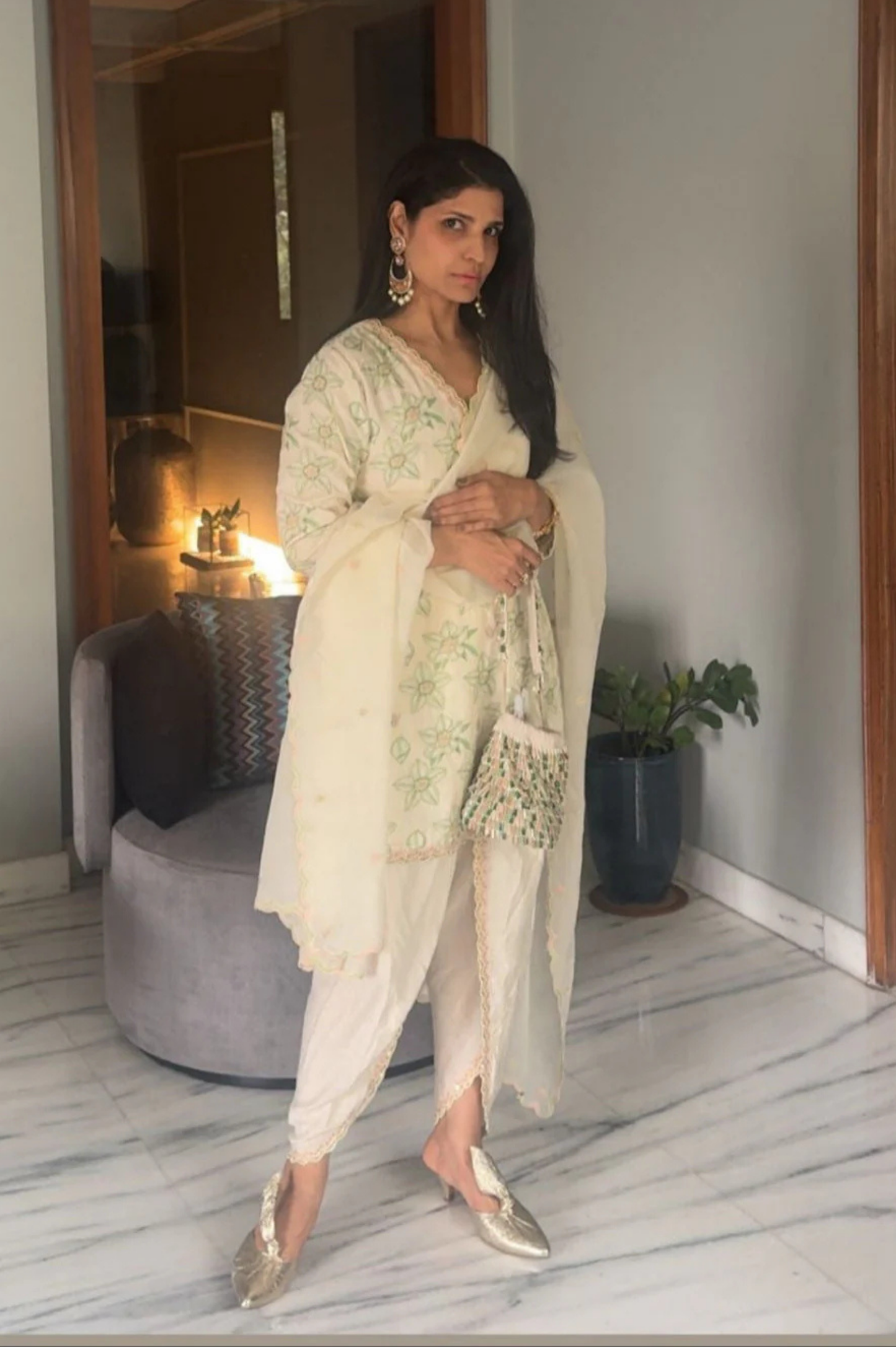 The Ethereal Ivory & Green Printed Kurta Set