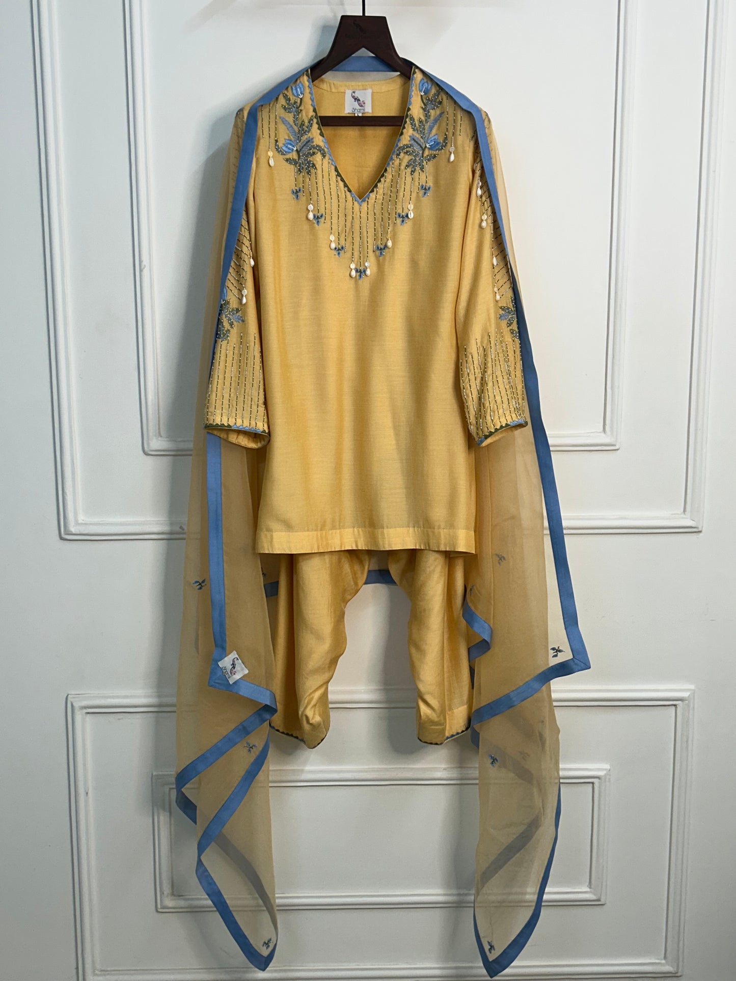 Hand-Embroidered naples yellow Kurta & Farsi Salwar Set