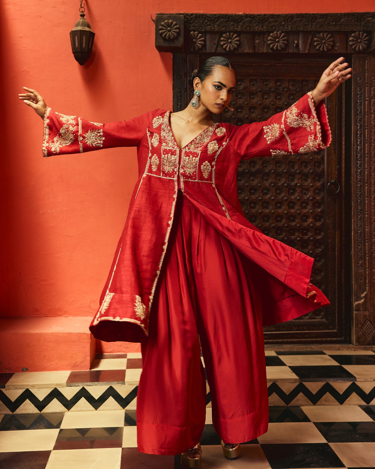 The Eternal Ruby Red Flowy Kurta & Sharara Set