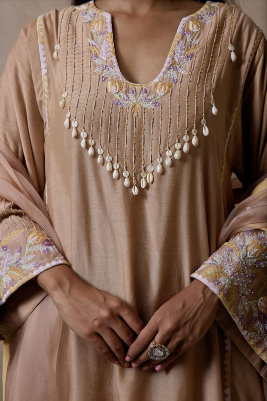 Hand-Embroidered Mink beige Flared Kurta & Salwar Set