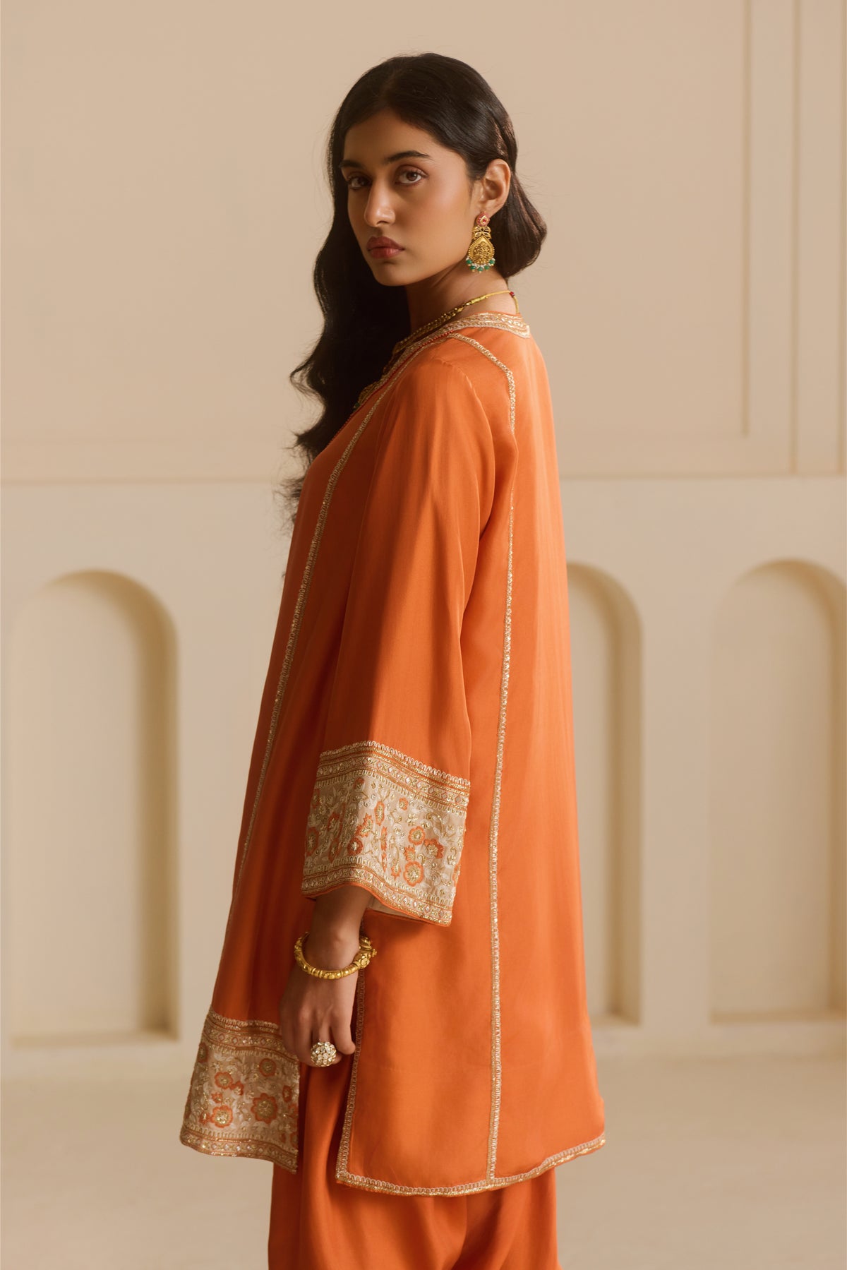 Rust Straight Kurta with draped dhoti Set