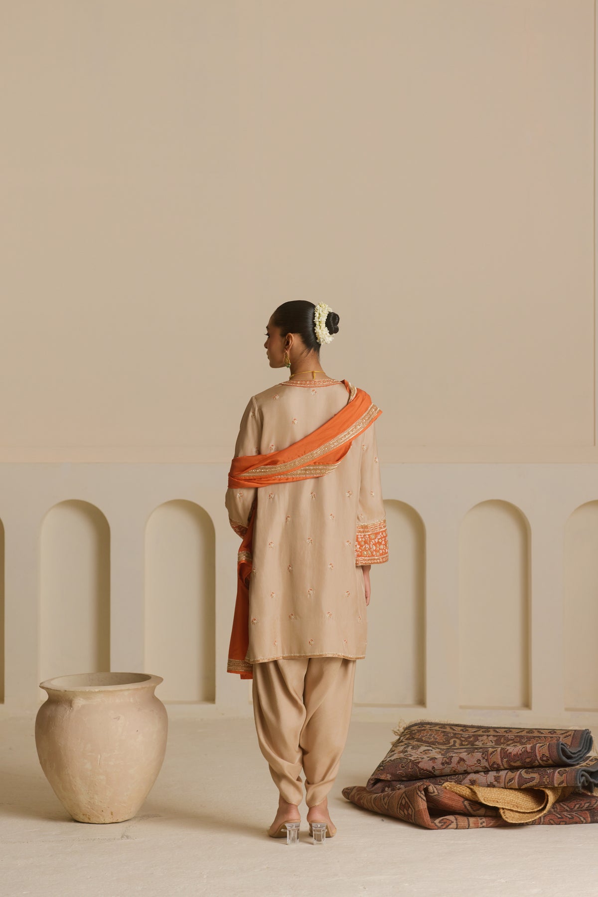 Mushroom beige Knee-Length Kurta with Draped Dhoti Set