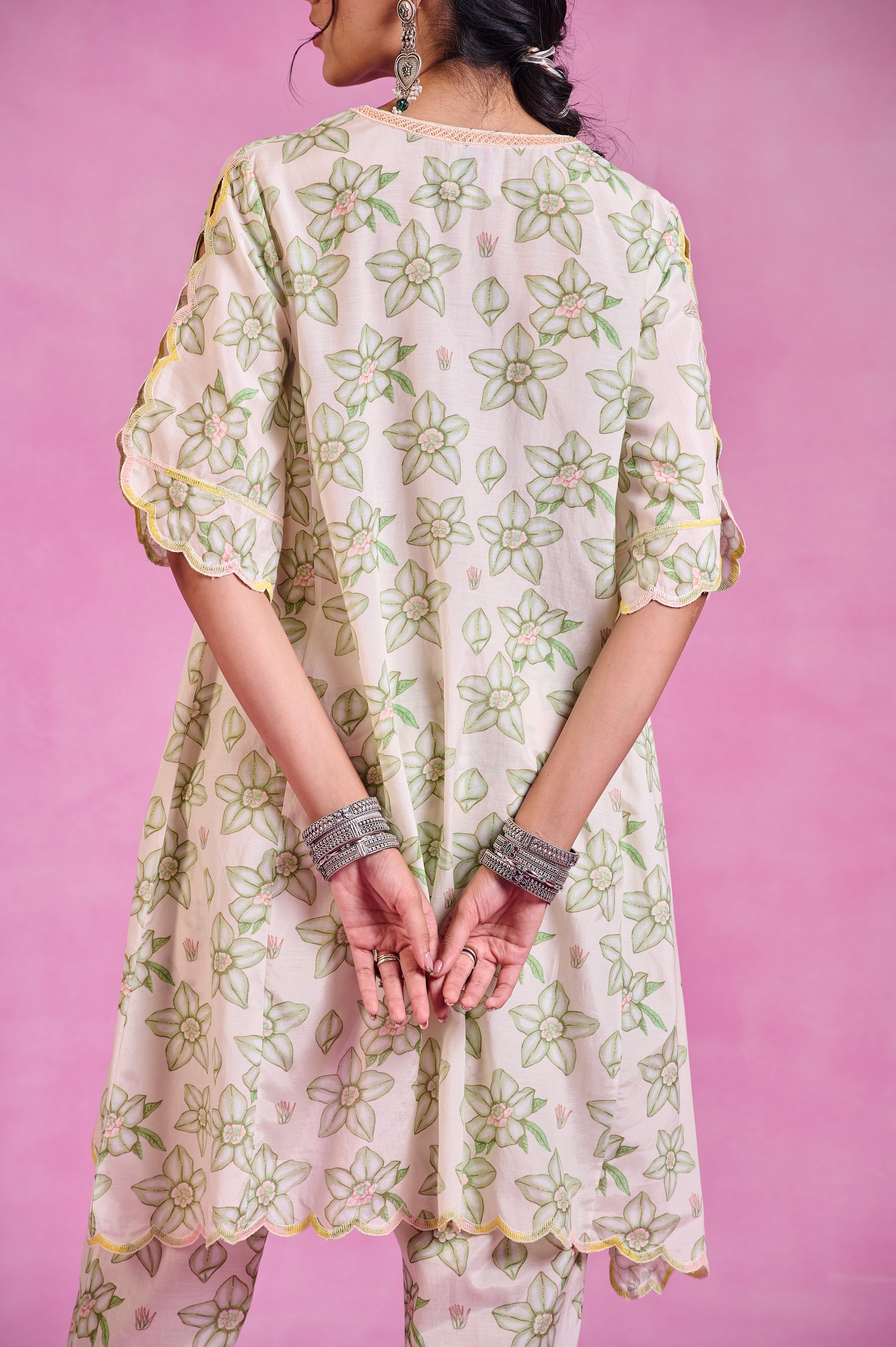 The Ethereal Ivory & Green Printed High-Low Kurta Set