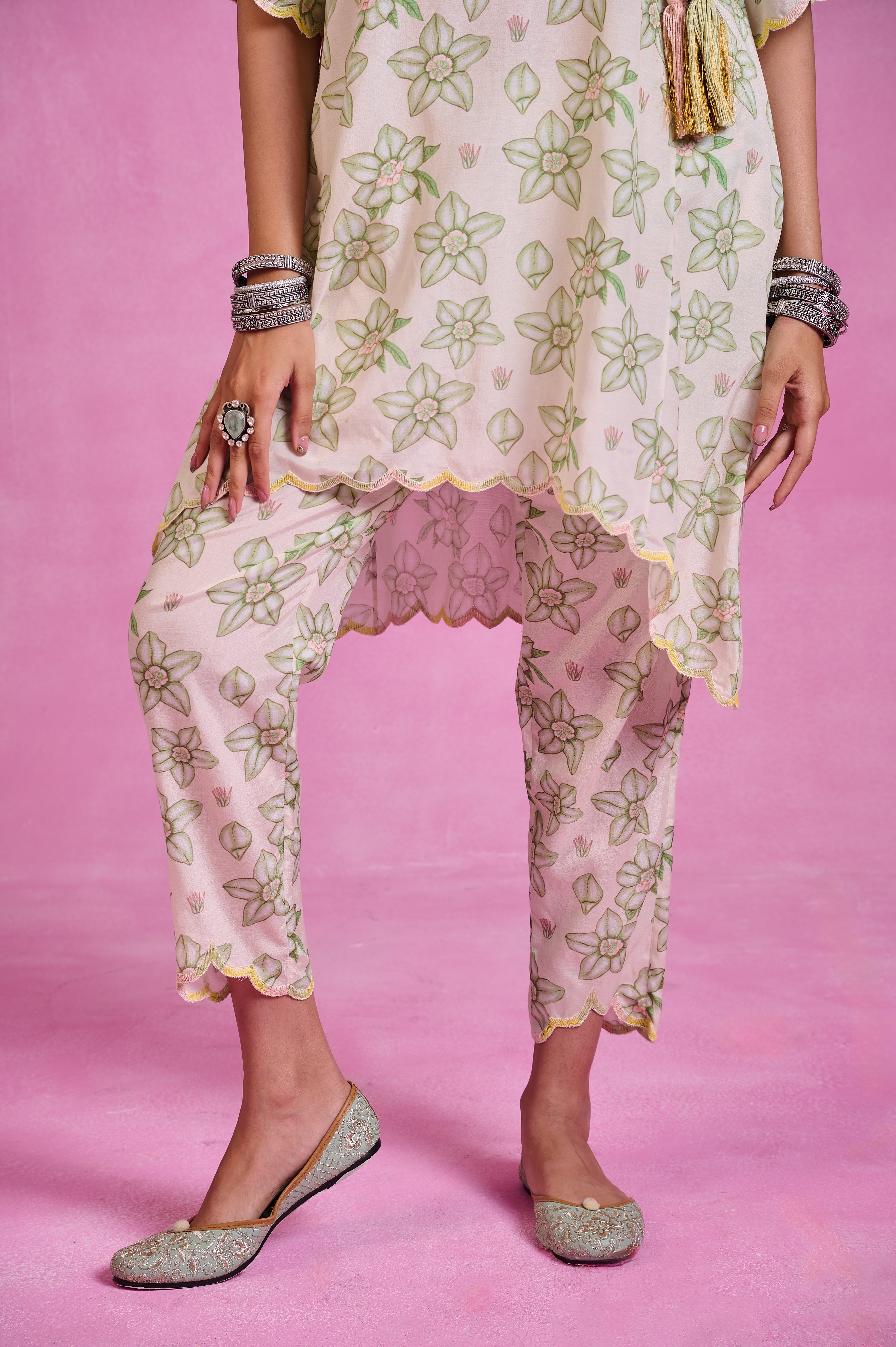 The Ethereal Ivory & Green Printed High-Low Kurta Set