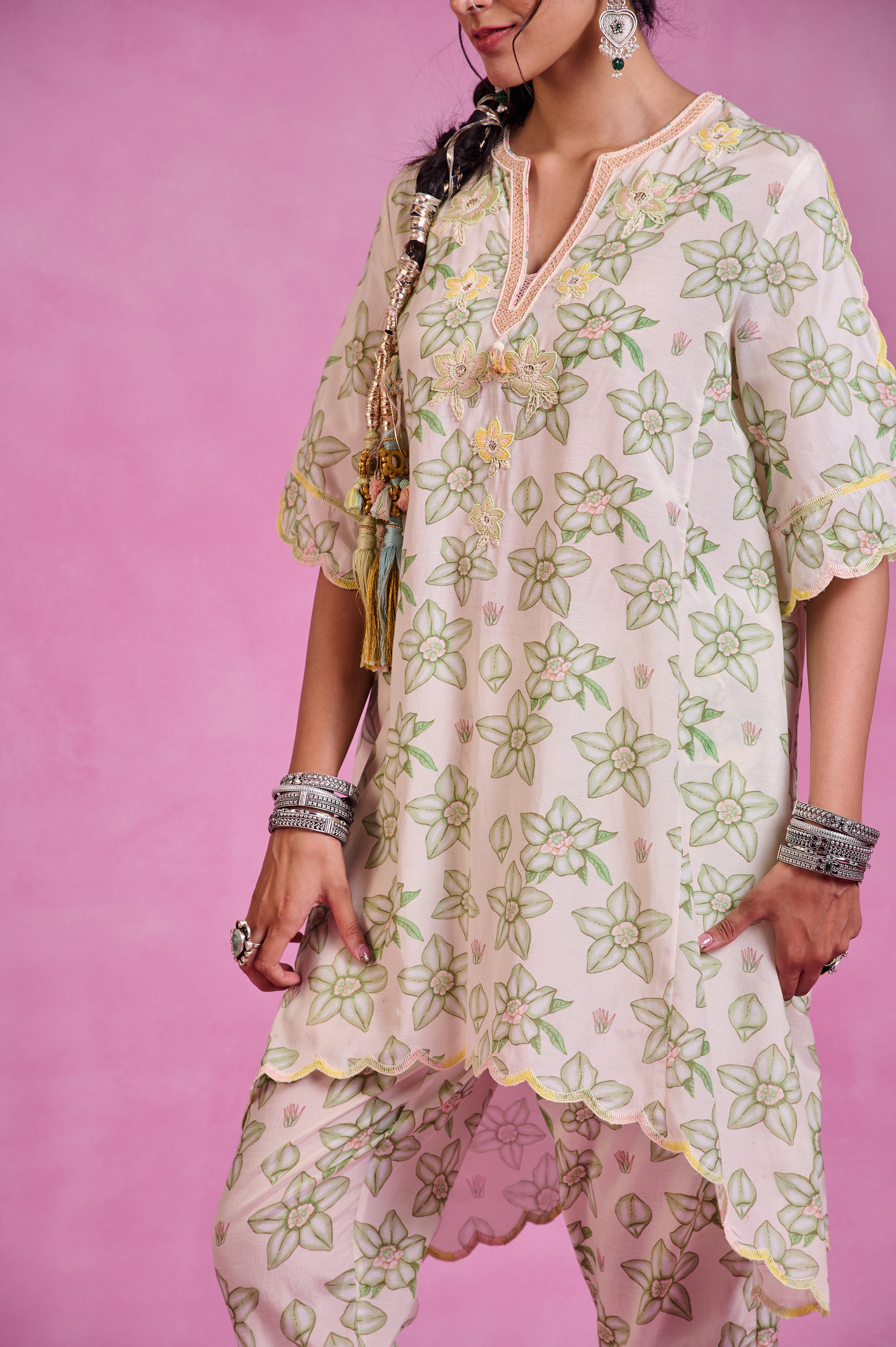 The Ethereal Ivory & Green Printed High-Low Kurta Set