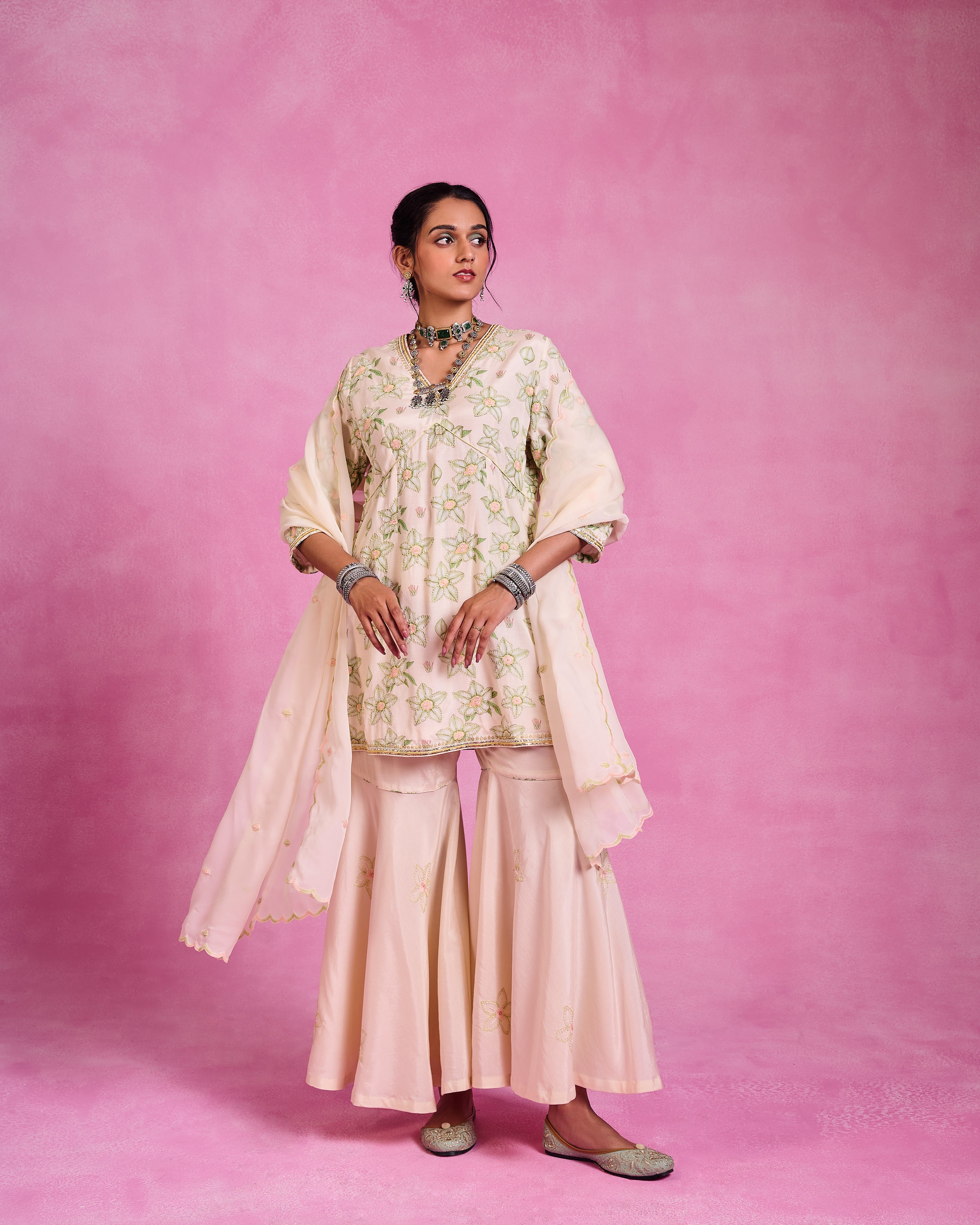 The Ethereal- Ivory & Green Bloom Sharara Set