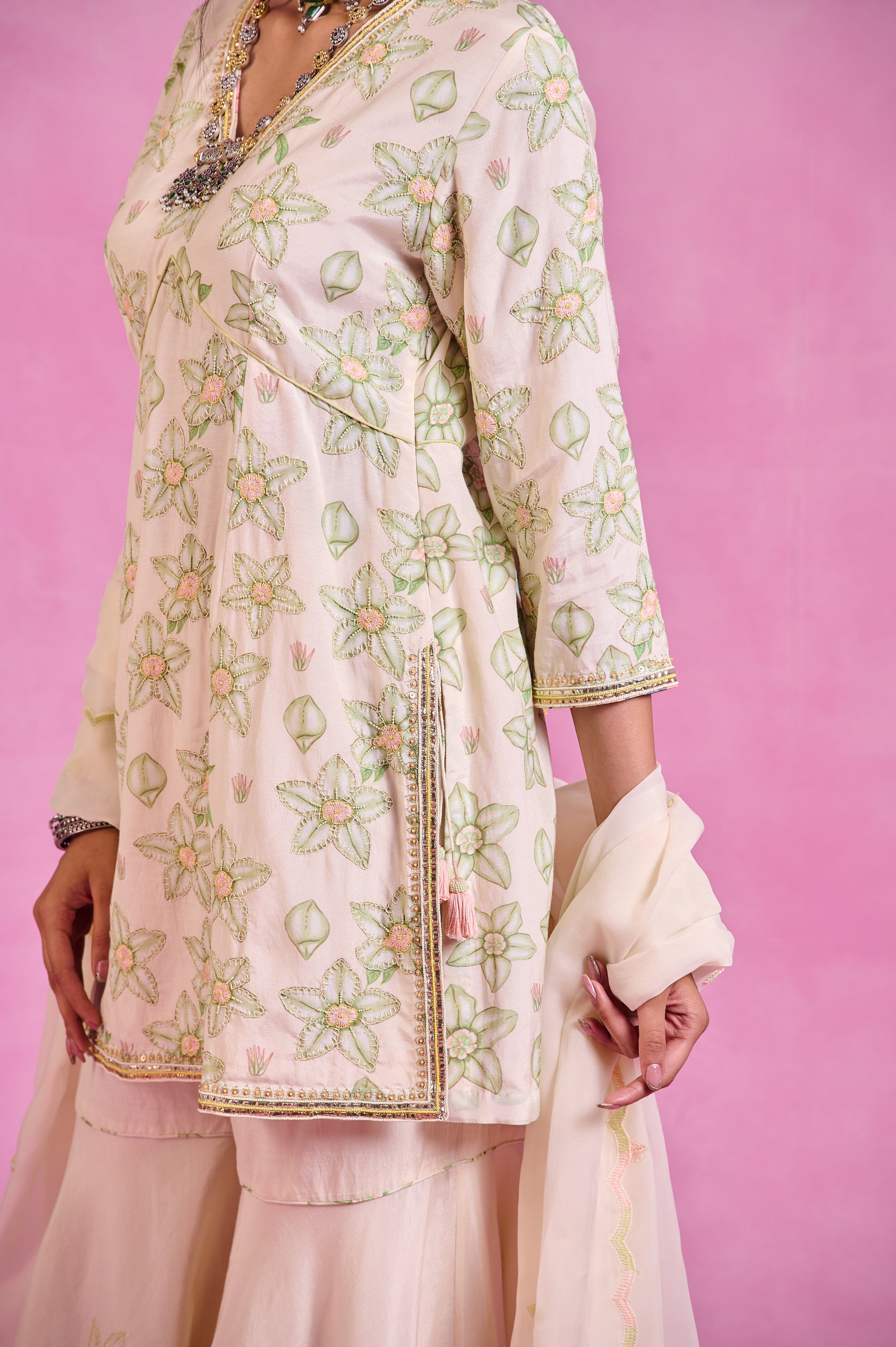 The Ethereal- Ivory & Green Bloom Sharara Set