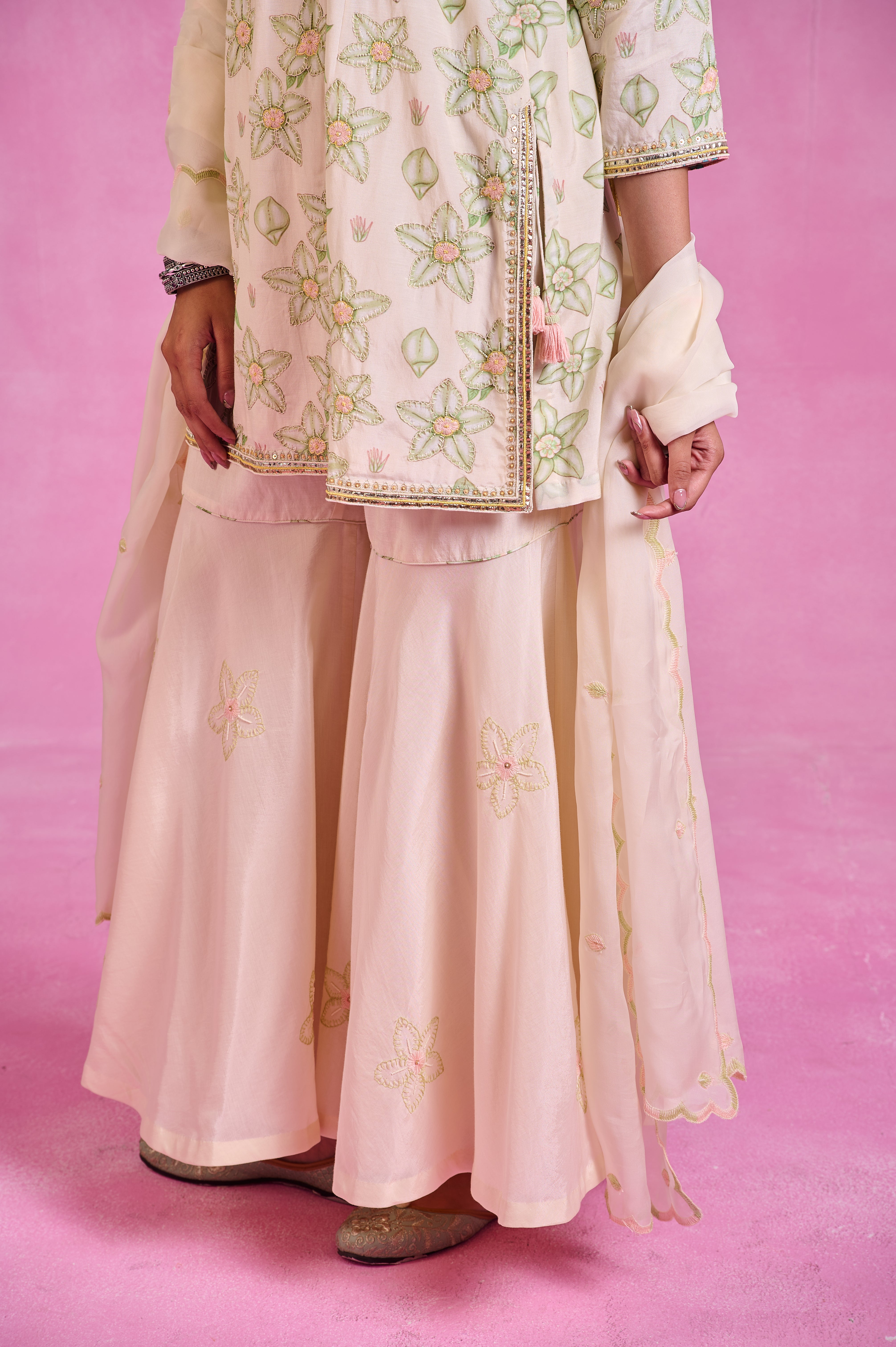 The Ethereal- Ivory & Green Bloom Sharara Set