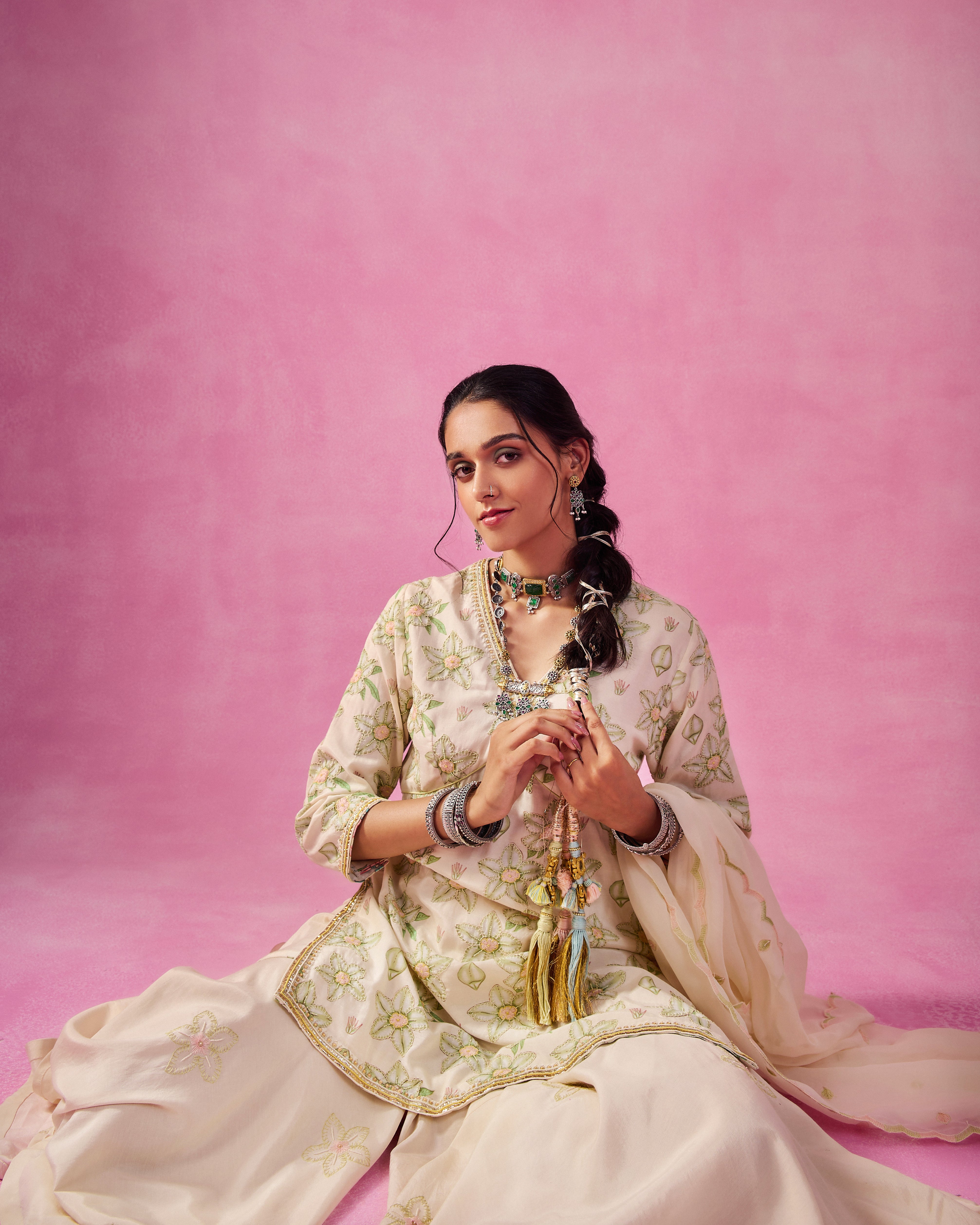 The Ethereal- Ivory & Green Bloom Sharara Set