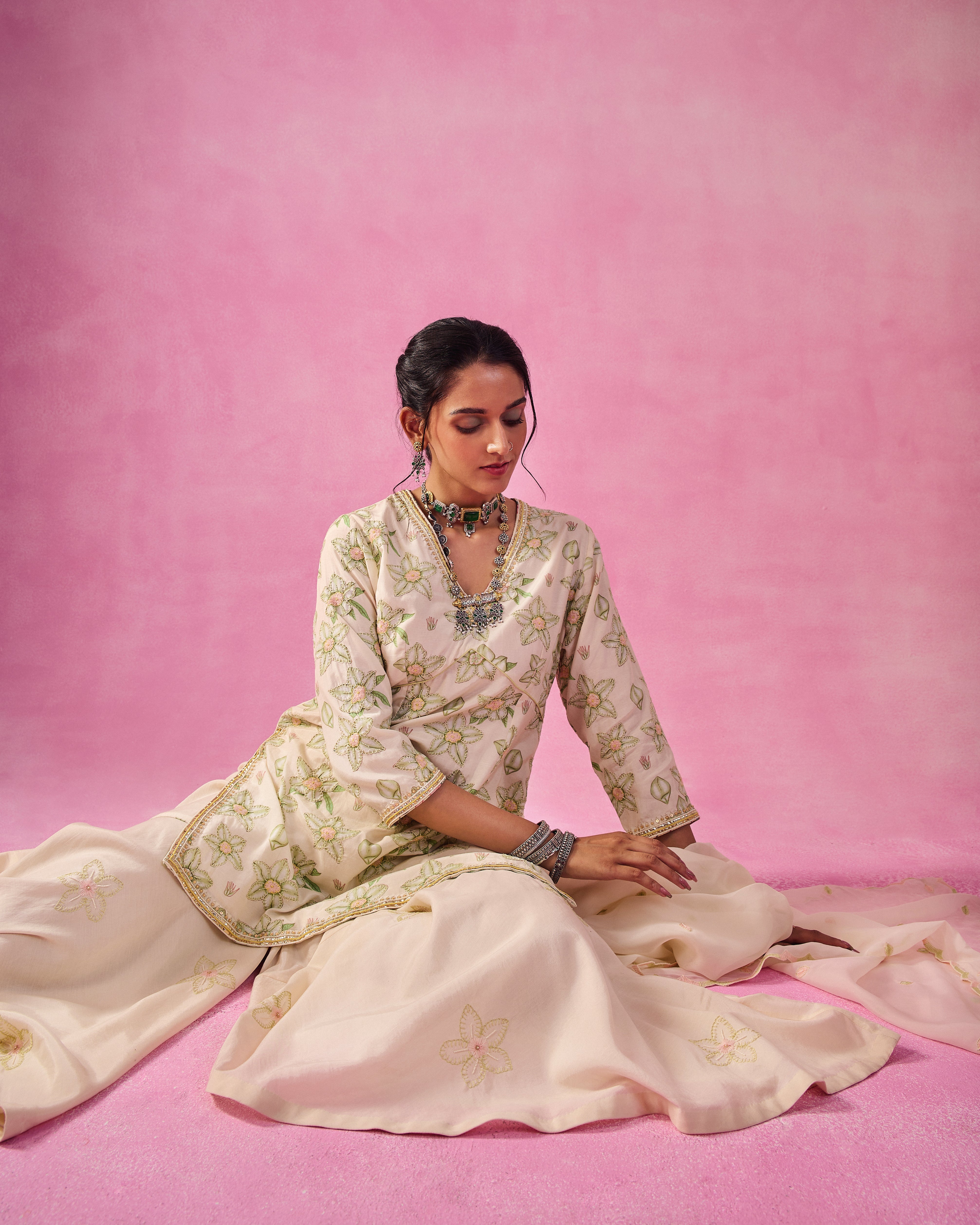 The Ethereal- Ivory & Green Bloom Sharara Set