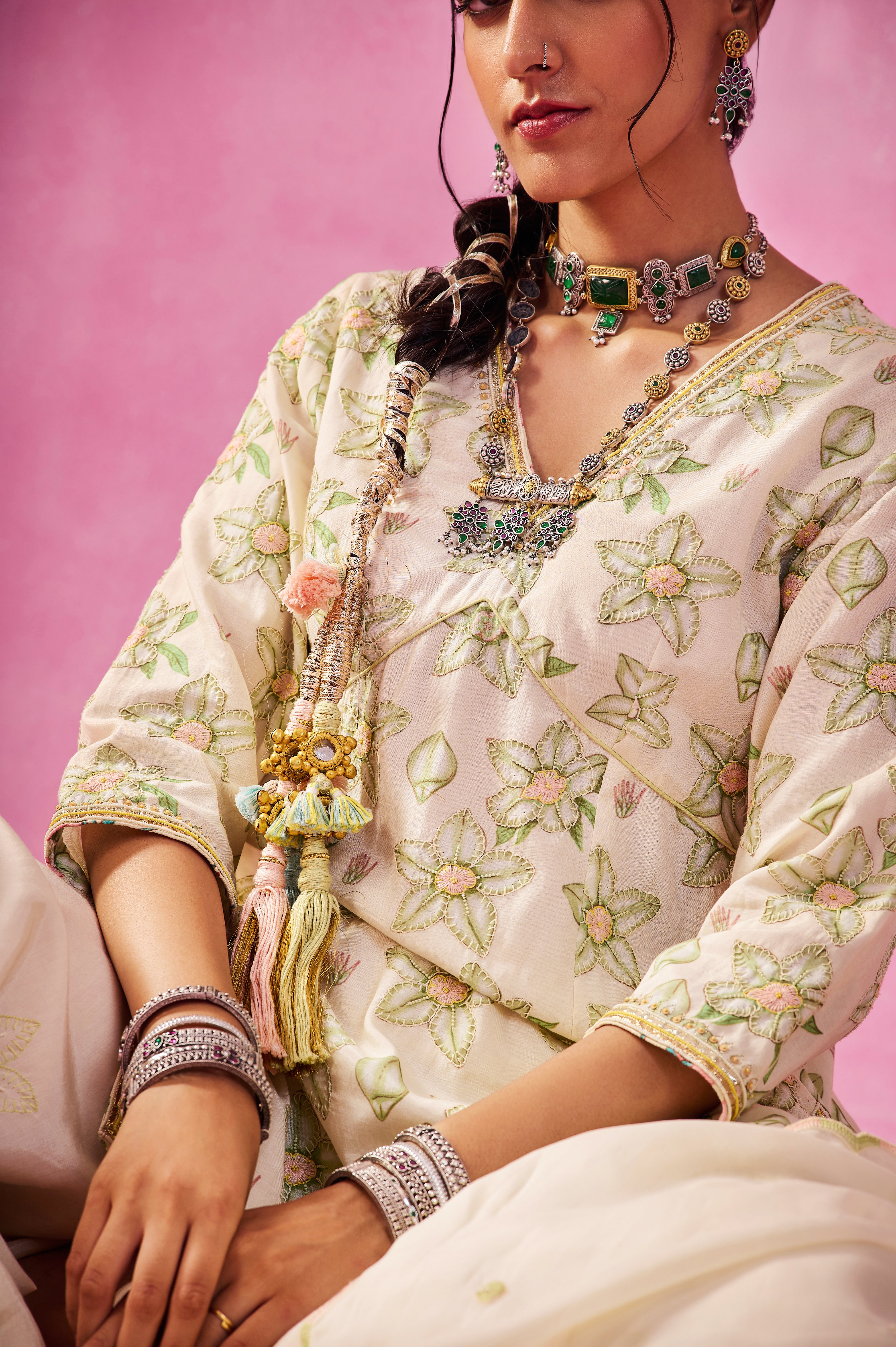 The Ethereal- Ivory & Green Bloom Sharara Set