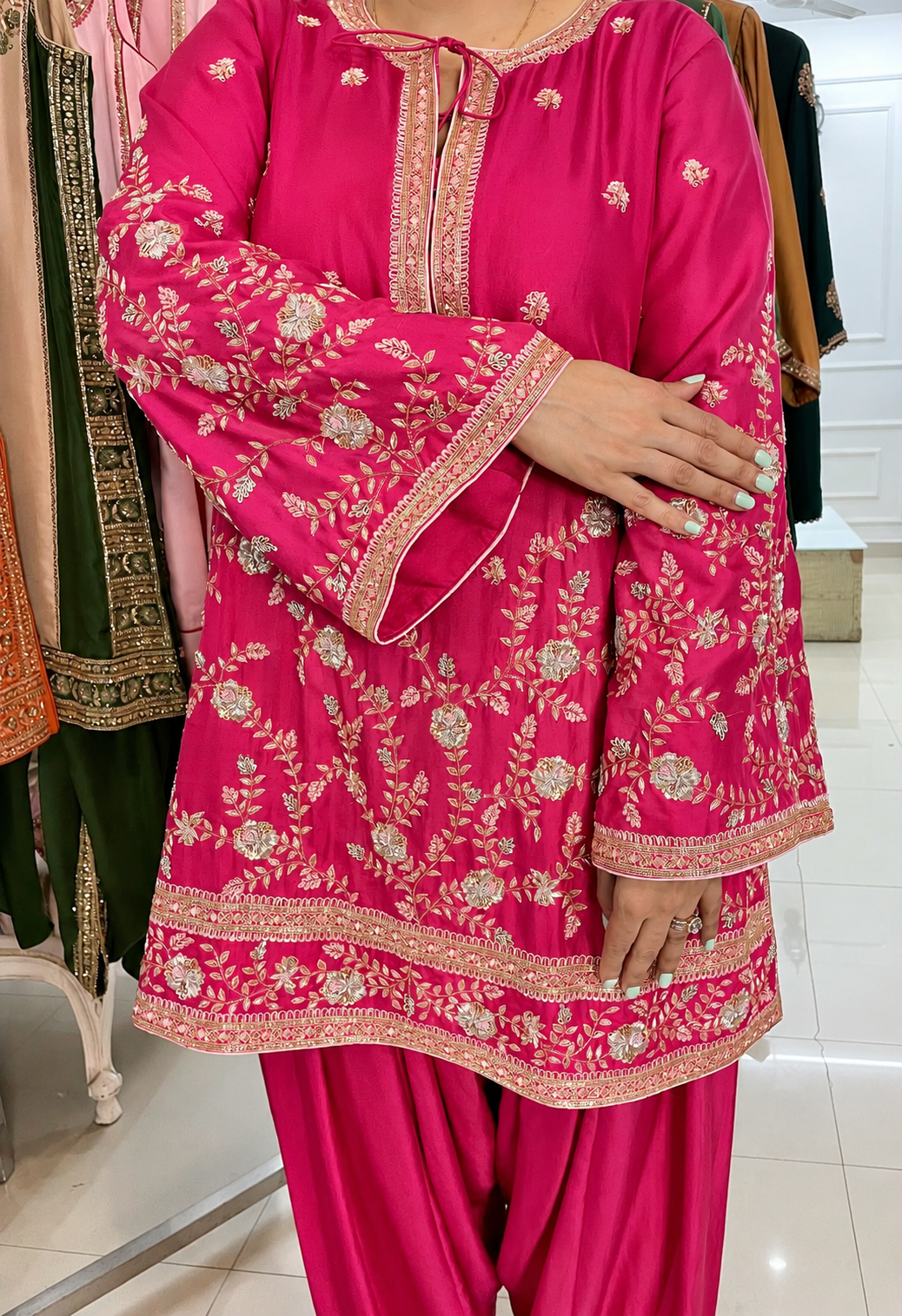 Deep Pink Tie-Up Kurta & Farshi Salwar Set