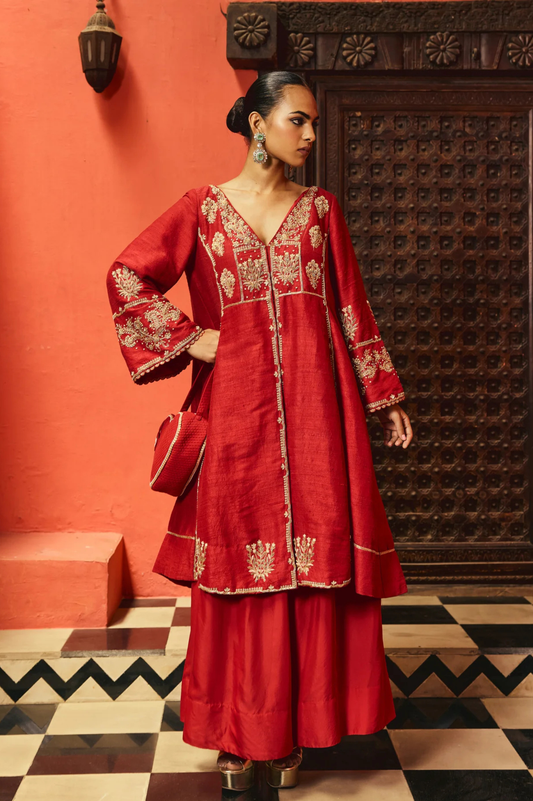 The Eternal Ruby Red Flowy Kurta & Sharara Set