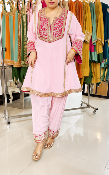 Powder Pink Yoke Style Flared Kurta Salwar Set