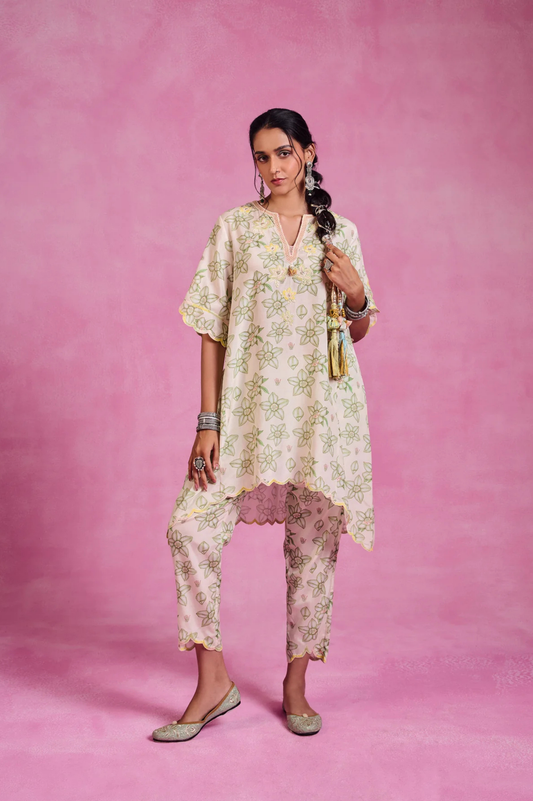 The Ethereal Ivory & Green Printed High-Low Kurta Set