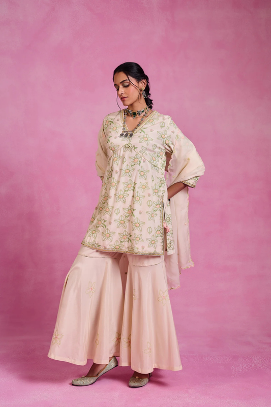 The Ethereal- Ivory & Green Bloom Sharara Set