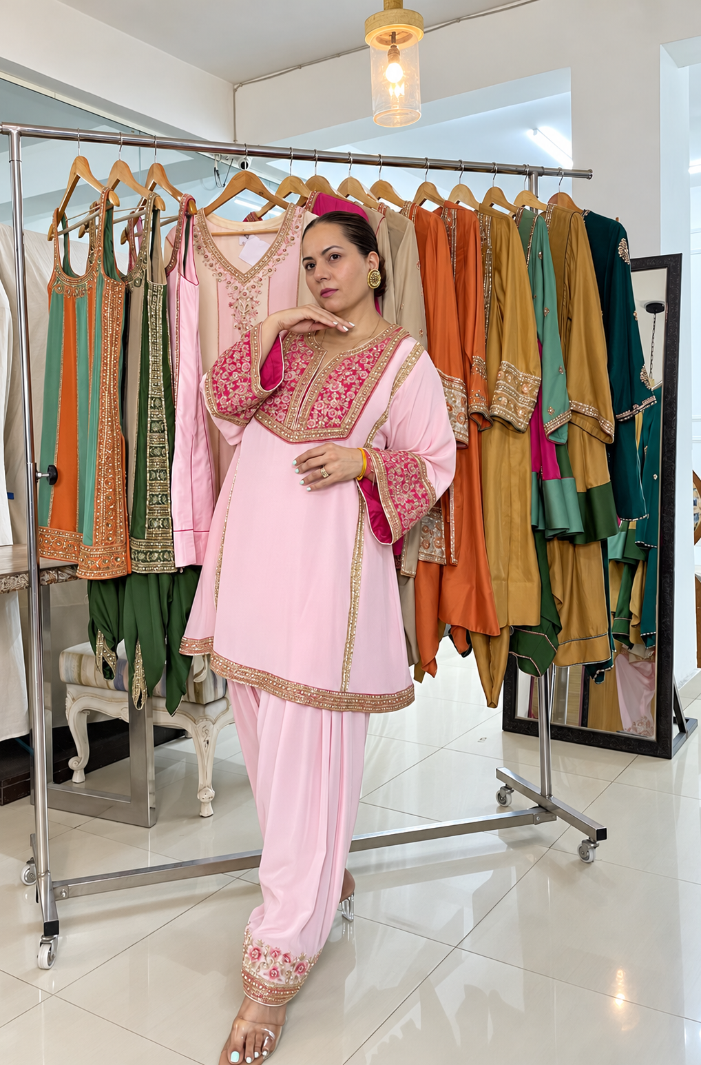 Powder Pink Yoke Style Flared Kurta Salwar Set