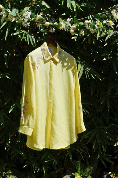 Oversized embellished yellow linen shirt
