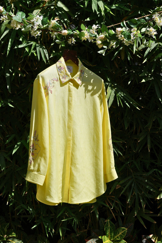 Oversized embellished yellow linen shirt