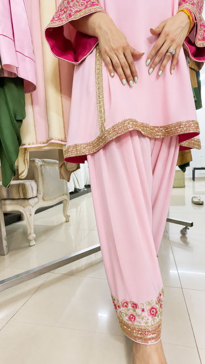 Powder Pink Yoke Style Flared Kurta Salwar Set