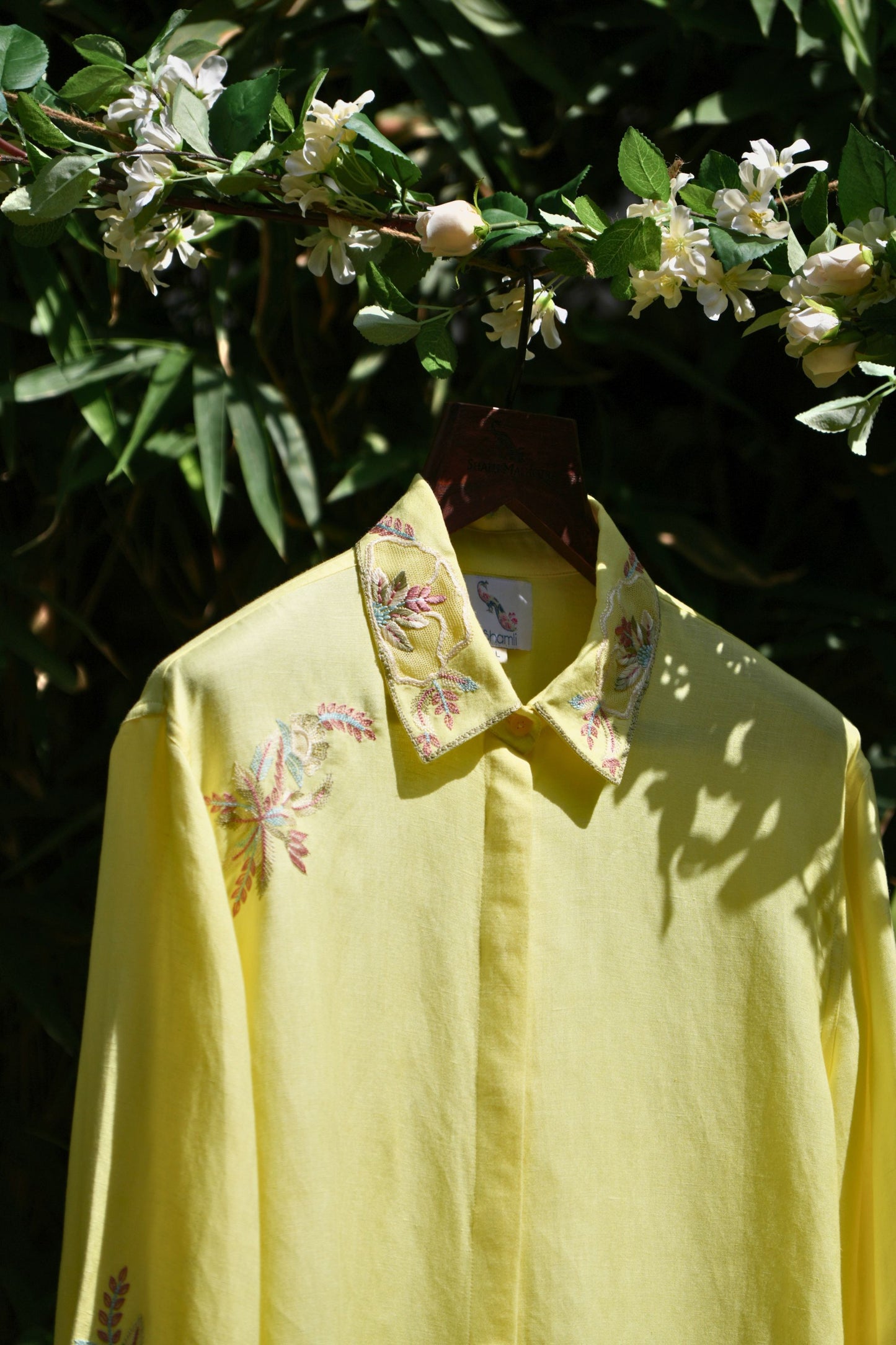 Oversized embellished yellow linen shirt