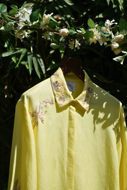 Oversized embellished yellow linen shirt