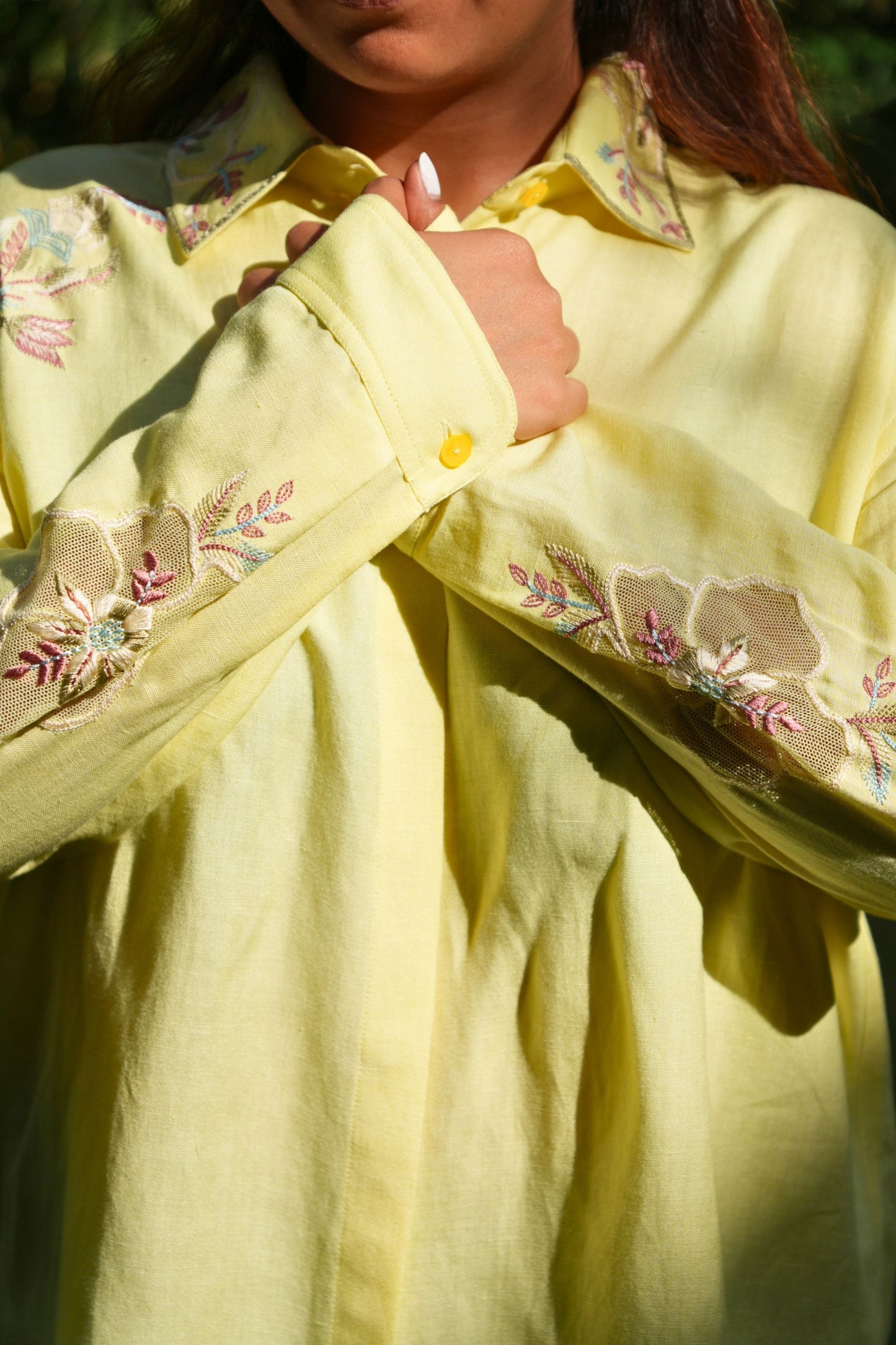 Oversized embellished yellow linen shirt