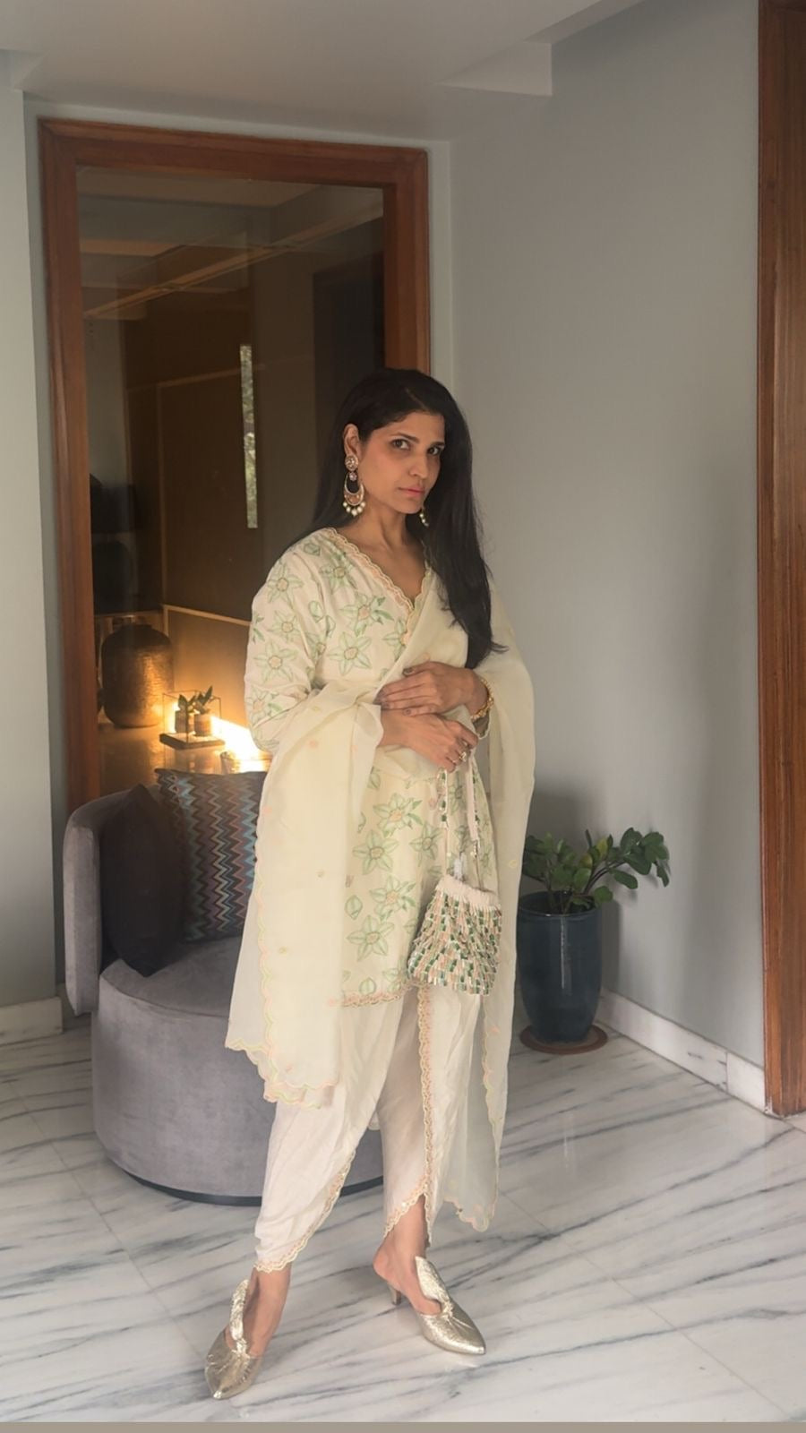 The Ethereal Ivory & Green Printed Kurta Set