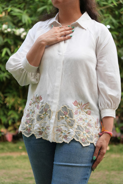 Raglan style ivory linen shirt