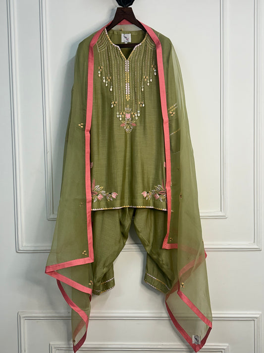 Hand-Embroidered olive green Kurta & salwar Set
