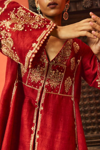 The Eternal Ruby Red Flowy Kurta & Sharara Set