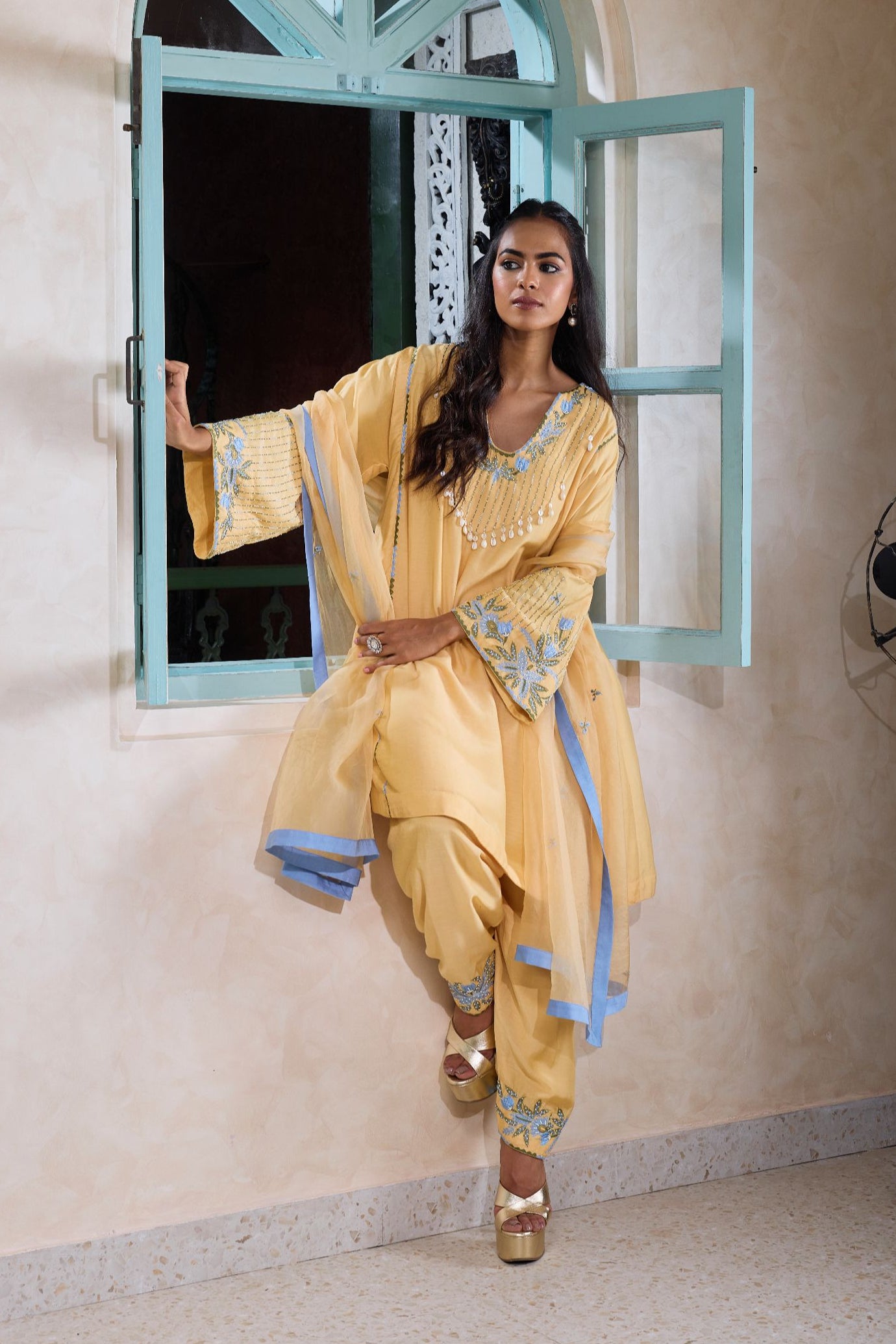 Hand-Embroidered naples yellow Flared Kurta & Salwar Set
