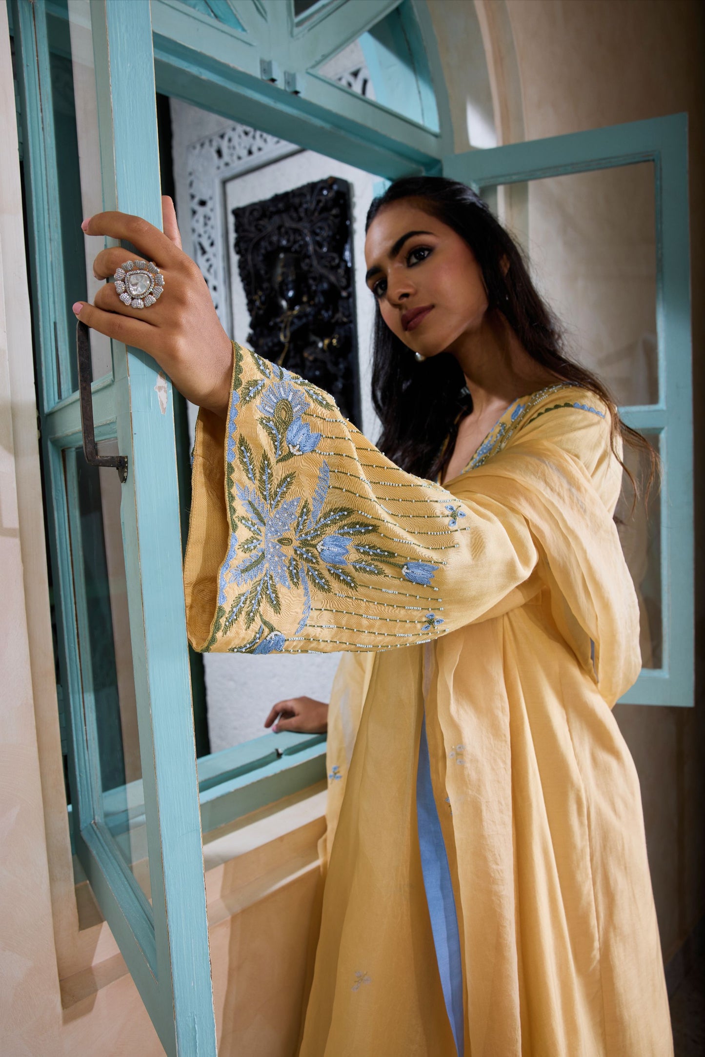 Hand-Embroidered naples yellow Flared Kurta & Salwar Set