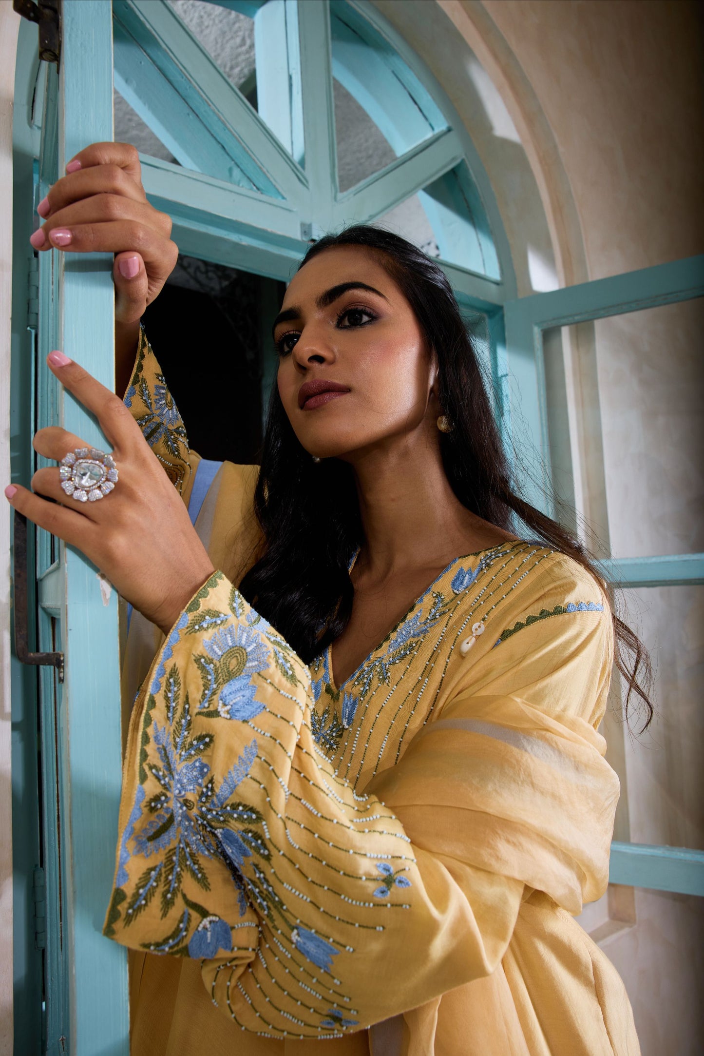 Hand-Embroidered naples yellow Flared Kurta & Salwar Set