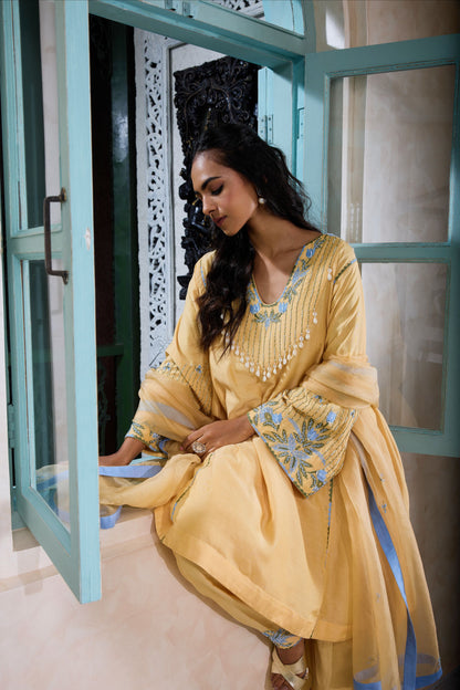 Hand-Embroidered naples yellow Flared Kurta & Salwar Set