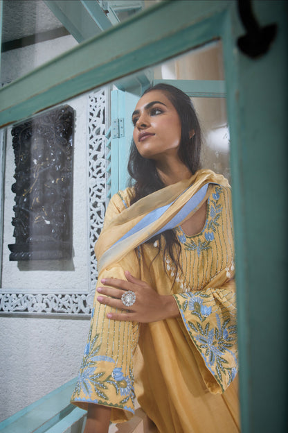 Hand-Embroidered naples yellow Flared Kurta & Salwar Set