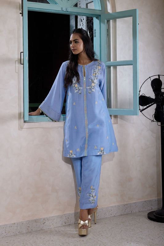 Hand-Embroidered  glacier blue flared kurta & Pants co-ord set