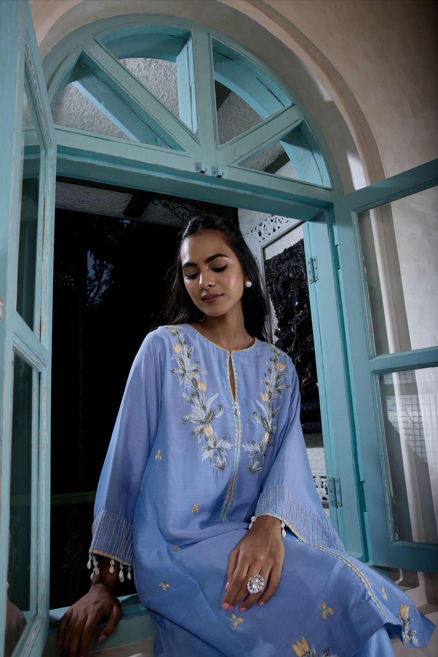 Hand-Embroidered  glacier blue flared kurta & Pants co-ord set