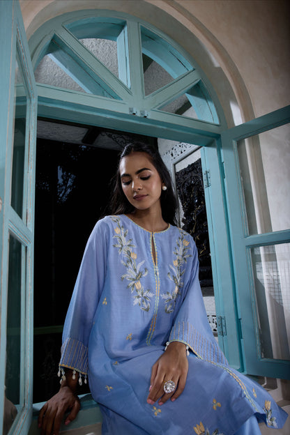 Hand-Embroidered  glacier blue flared kurta & Pants co-ord set
