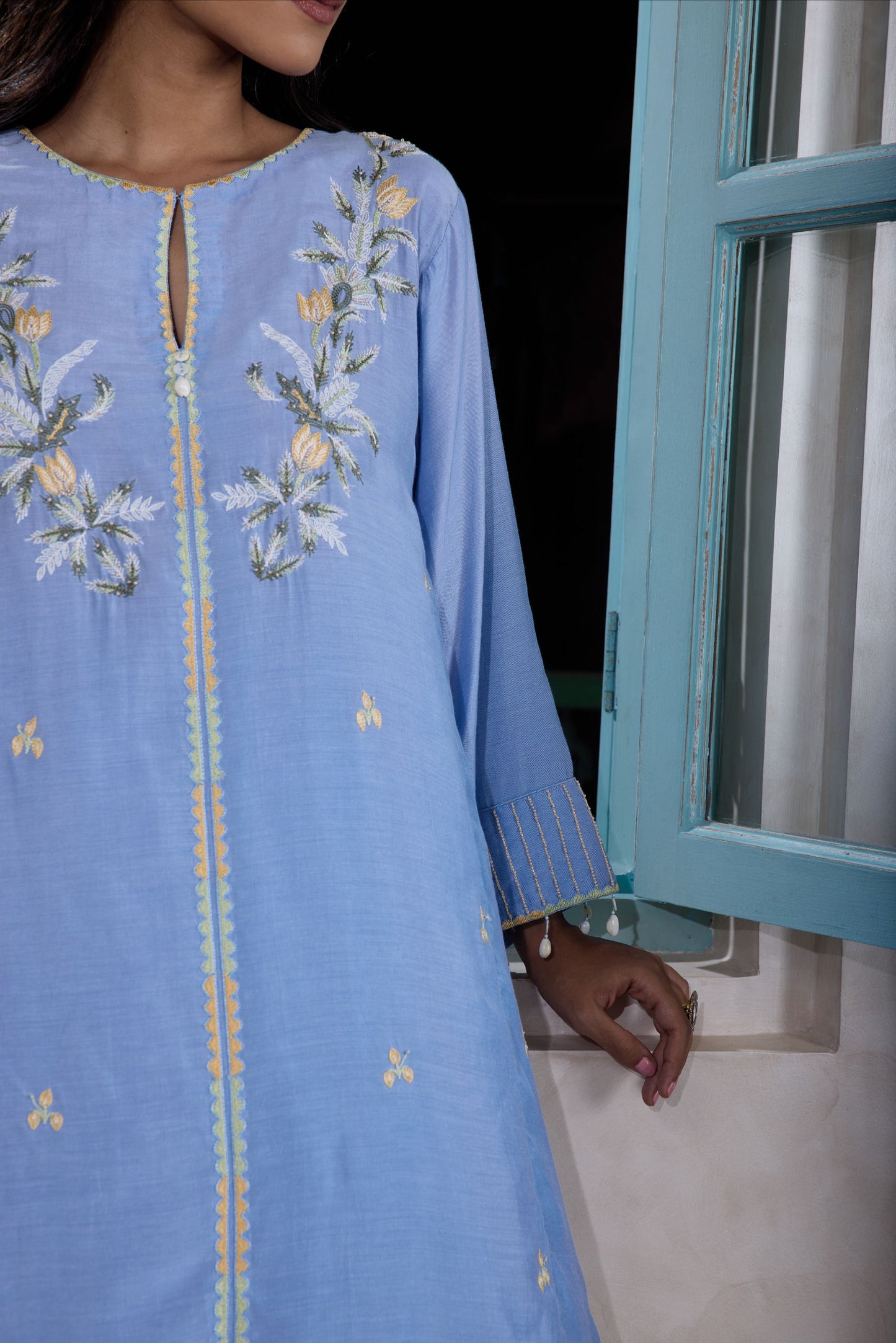 Hand-Embroidered  glacier blue flared kurta & Pants co-ord set