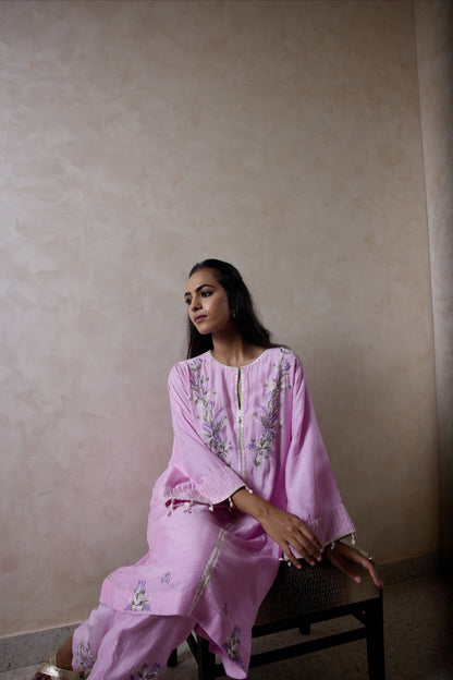 Hand-Embroidered taffy pink flared kurta & Pants co-ord set