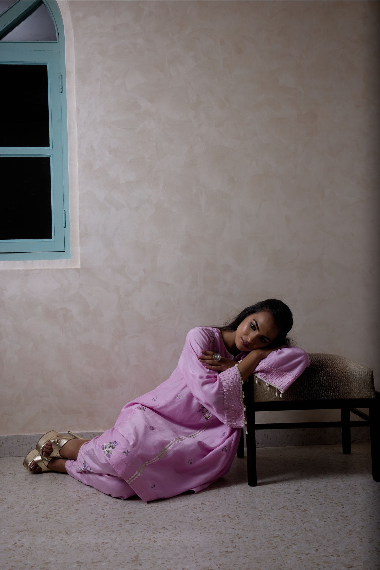 Hand-Embroidered taffy pink flared kurta & Pants co-ord set