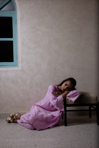 Hand-Embroidered taffy pink flared kurta & Pants co-ord set