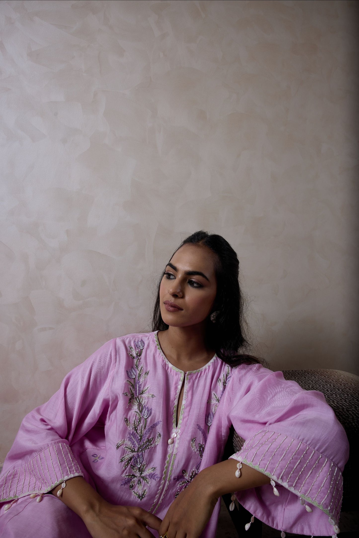 Hand-Embroidered taffy pink flared kurta & Pants co-ord set