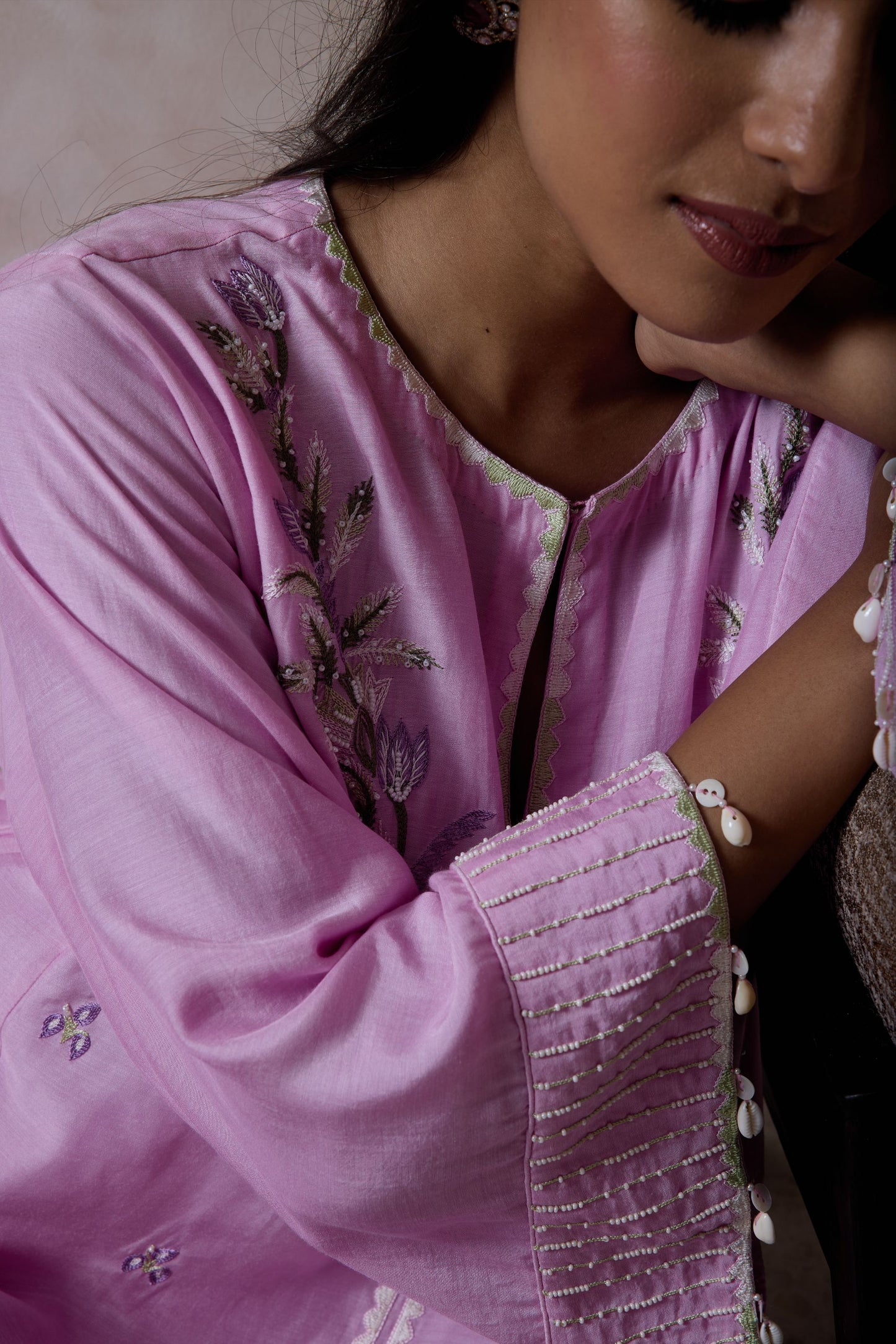 Hand-Embroidered taffy pink flared kurta & Pants co-ord set