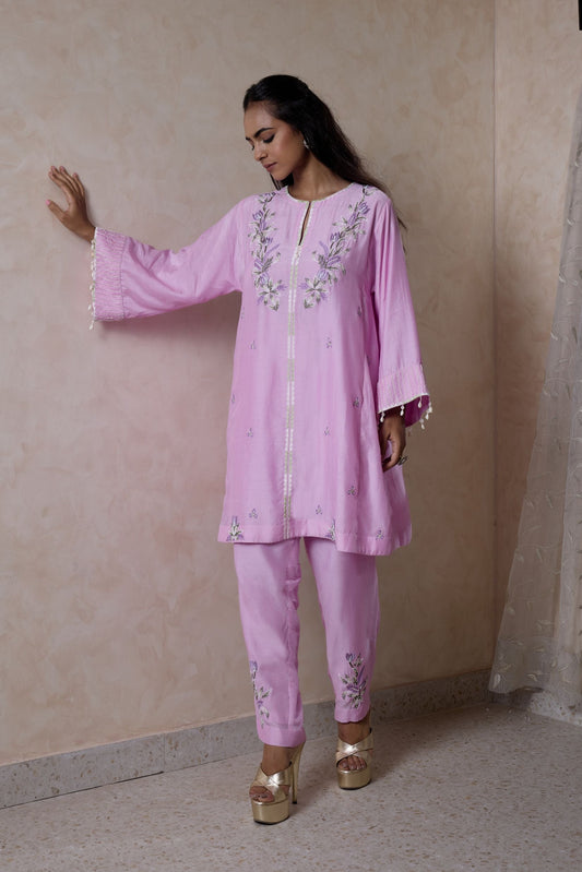 Hand-Embroidered taffy pink flared kurta & Pants co-ord set