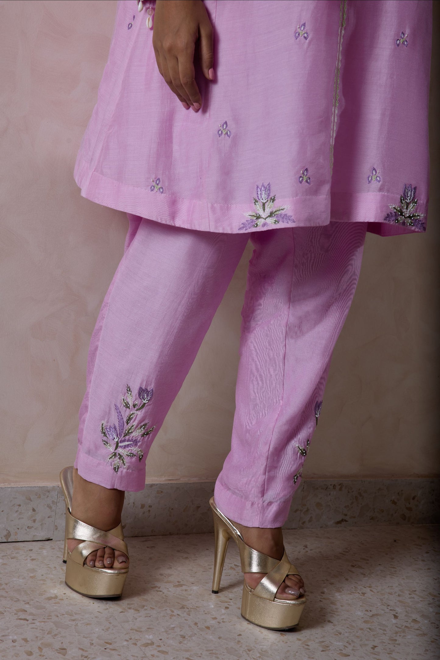 Hand-Embroidered taffy pink flared kurta & Pants co-ord set