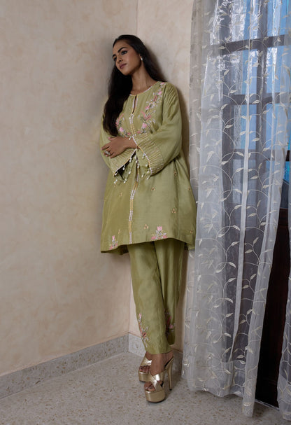 Hand-Embroidered olive green flared kurta & Pants co-ord set