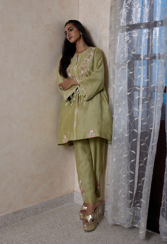Hand-Embroidered olive green flared kurta & Pants co-ord set