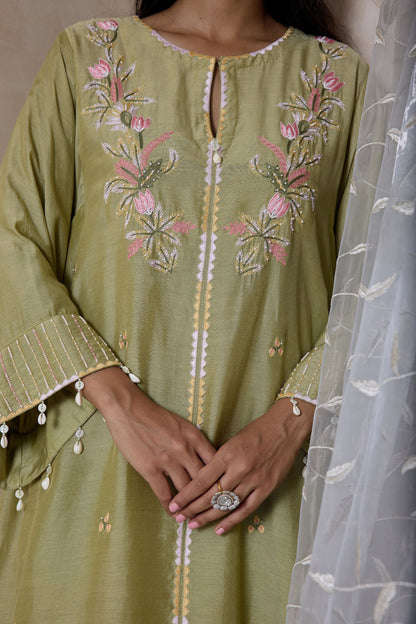 Hand-Embroidered olive green flared kurta & Pants co-ord set